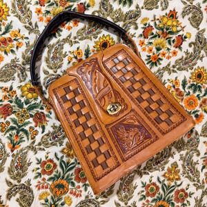 Vintage Hand Tooled Leather Aztec Calendar Handbag Tan Woven Top Handle Bag